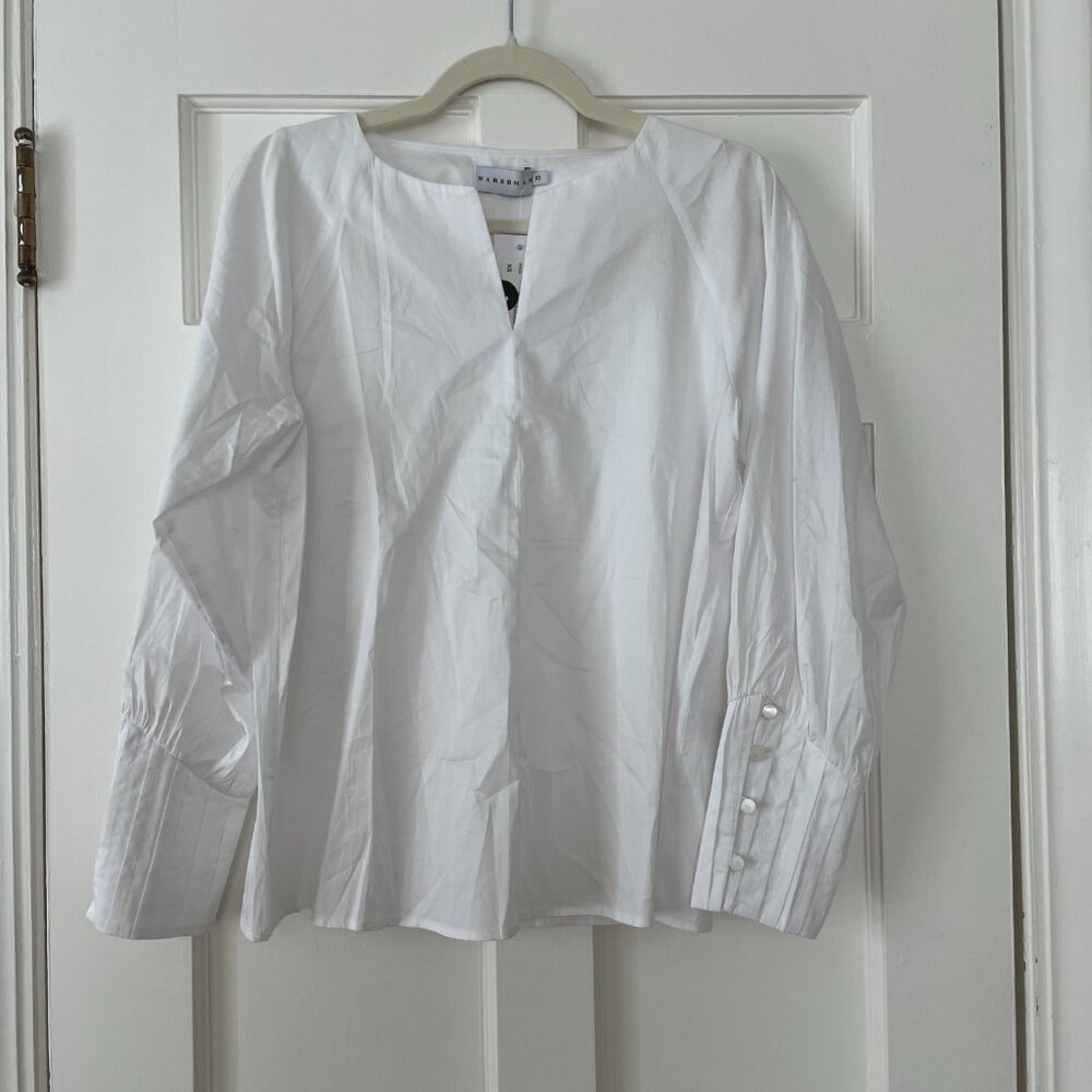 Harshman White V Neck Pullover Blouse w/beautiful button sleeves Size XS NWT
